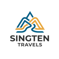 Singten Travels official logo featuring stylized blue and yellow mountain peaks with curvy paths and dark bold text below.