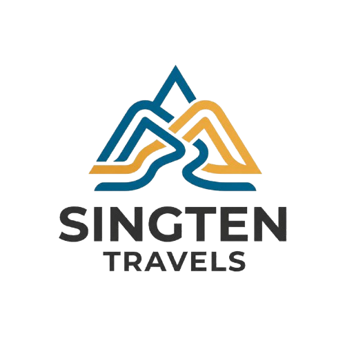 Singten Travels official logo featuring stylized blue and yellow mountain peaks with curvy paths and dark bold text below.